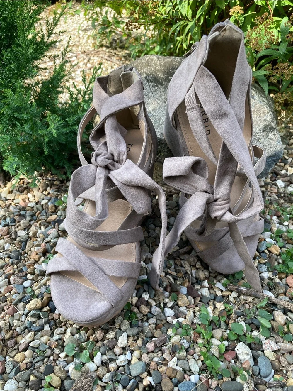Torrid Size 6.5W natural taupe strappy ankle wrap platform wedge sandals